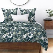 Indigo / Navy Blue and white Whimsical Floral with chartreuse green accents |  marguerite daisy and white chrysanthemum | jumbo