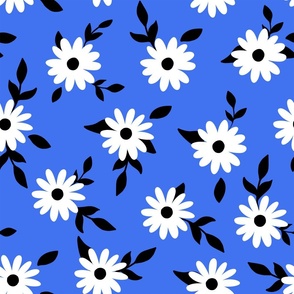 White daisy flowers with black leaves and blue background (medium size version)