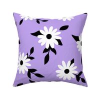 White daisy flowers with black leaves and purple lilac background (large version)