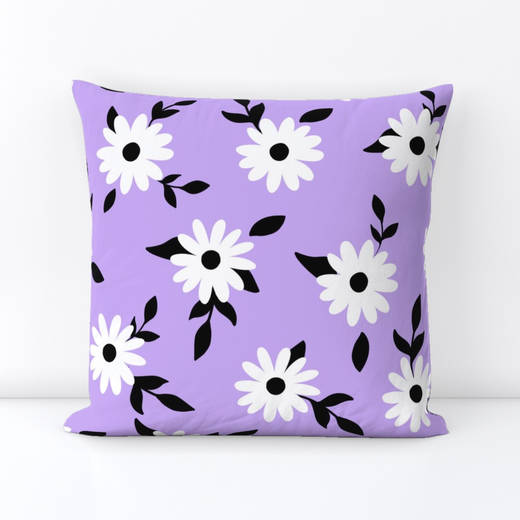 White daisy flowers with black leaves and purple lilac background (medium size version)