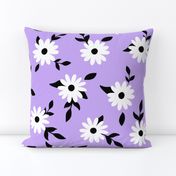 White daisy flowers with black leaves and purple lilac background (medium size version)
