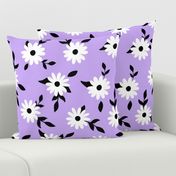 White daisy flowers with black leaves and purple lilac background (medium size version)