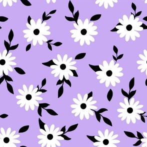 White daisy flowers with black leaves and purple lilac background (medium size version)