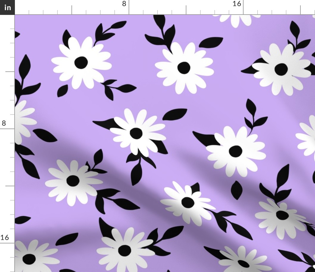 White daisy flowers with black leaves and purple lilac background (medium size version)