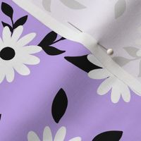 White daisy flowers with black leaves and purple lilac background (small size version)