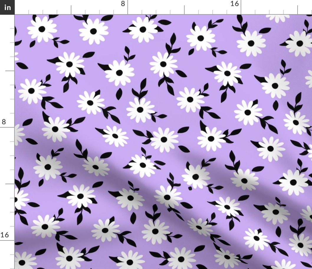 White daisy flowers with black leaves and purple lilac background (small size version)