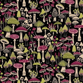 Mushroom Collection - botanical of assorted fungi - wine/burgundy, olive green and beige on black - large