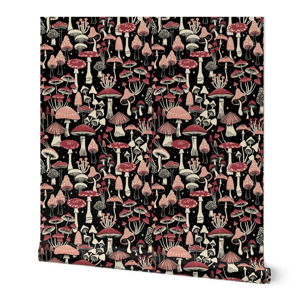 Mushroom Collection - botanical of assorted fungi - red tones, peach and cream on black - large