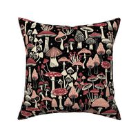Mushroom Collection - botanical of assorted fungi - red tones, peach and cream on black - large