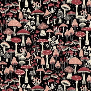 Mushroom Collection - botanical of assorted fungi - red tones, peach and cream on black - large