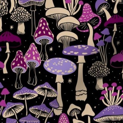 Mushroom Collection - botanical of assorted fungi - pink/magenta and purple and beige on black - large