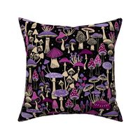 Mushroom Collection - botanical of assorted fungi - pink/magenta and purple and beige on black - large