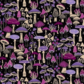 Mushroom Collection - botanical of assorted fungi - pink/magenta and purple and beige on black - large