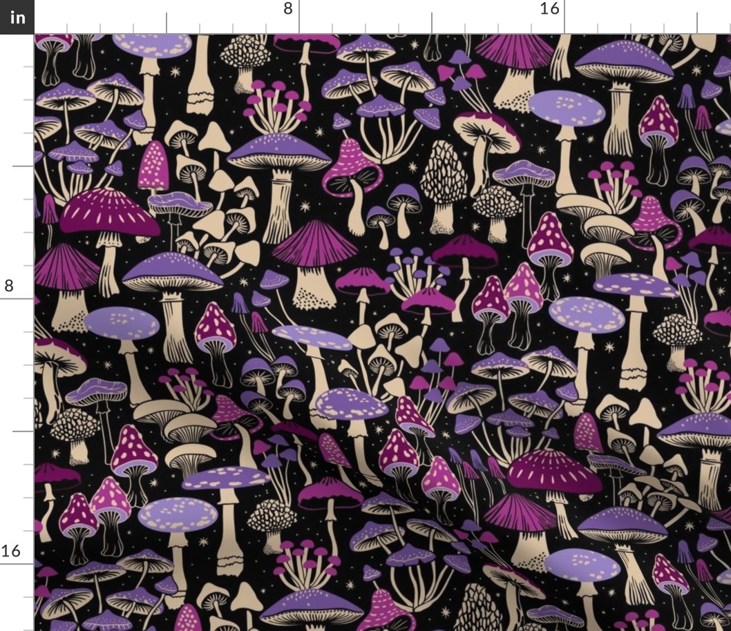 Mushroom Collection - botanical of assorted fungi - pink/magenta and purple and beige on black - large