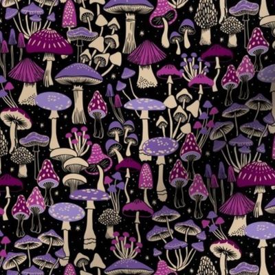 Mushroom Collection - botanical of assorted fungi - pink/magenta and purple and beige on black - medium