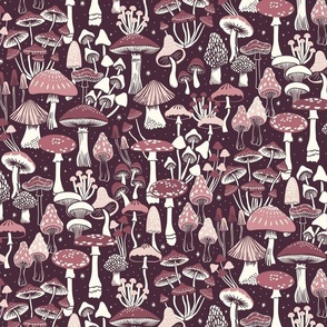 Mushroom Collection - botanical of assorted fungi - tone on tone burgundy/maroon/rose/pink - large