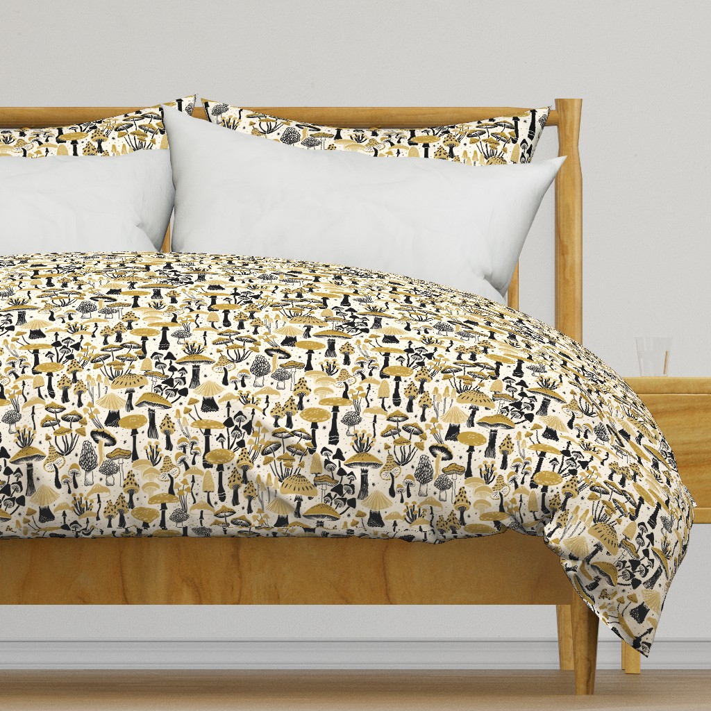 Mushroom Collection - botanical of assorted fungi - black and mustard on cream - large