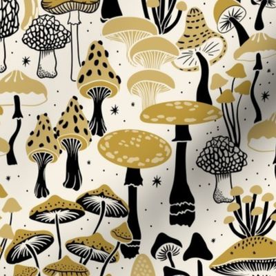 Mushroom Collection - botanical of assorted fungi - black and mustard on cream - large