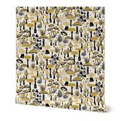 Mushroom Collection - botanical of assorted fungi - black and mustard on cream - large