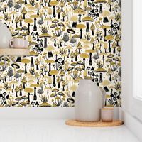 Mushroom Collection - botanical of assorted fungi - black and mustard on cream - large