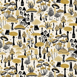 Mushroom Collection - botanical of assorted fungi - black and mustard on cream - large