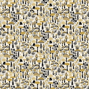 Mushroom Collection - botanical of assorted fungi - black and mustard on cream - medium