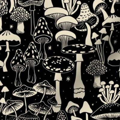 Mushroom Collection - botanical of assorted fungi - cream on black - large