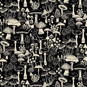 Mushroom Collection - botanical of assorted fungi - cream on black - large