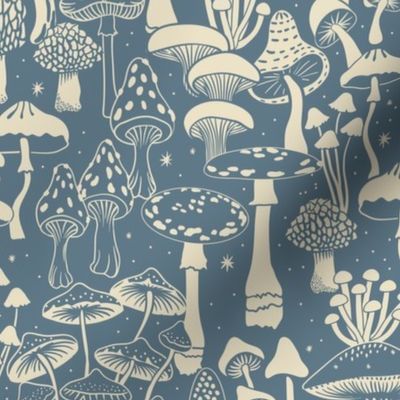 Mushroom Collection - botanical of assorted fungi - cream on dusty blue - large