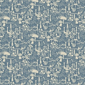 Mushroom Collection - botanical of assorted fungi - cream on dusty blue - medium