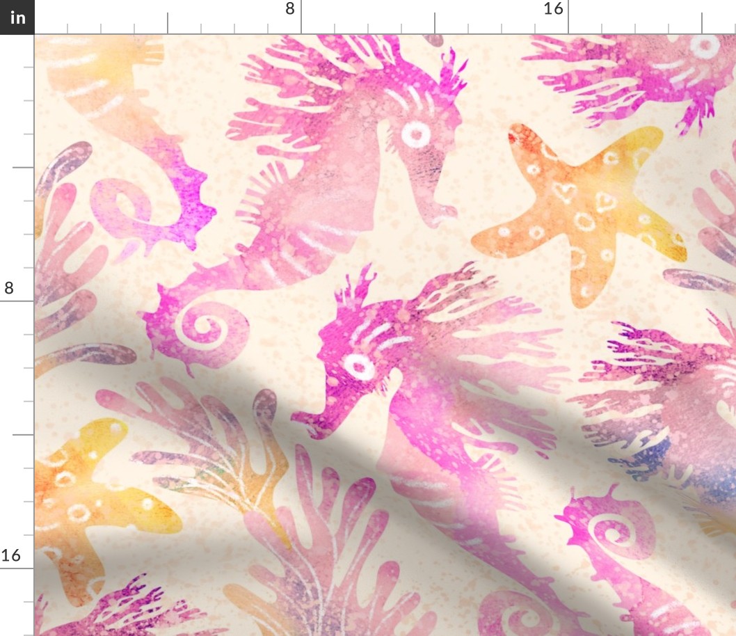 Seahorses & starfish | underwater world, seaweed, pastel elevated coastal wallpaper or bedding | girly interior | jumbo