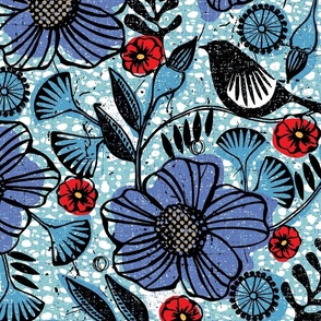 Blue blooms and black birds-large scale