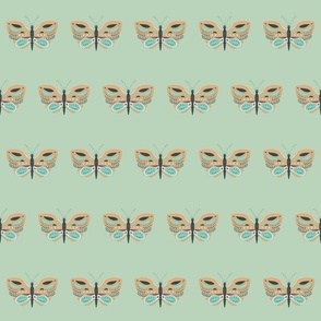 Butterflies in orange and turquoise on light turquoise, half-brick
