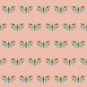 Butterflies in orange and turquoise on salmon pink, half-brick