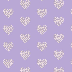 Big hearts in cream on lilac, scribbled squares texture