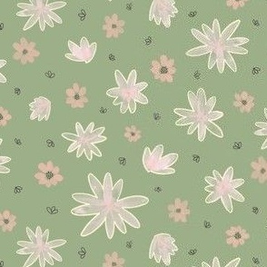 Cream and pink flowers on sage green