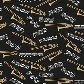 trombones and music notes on black