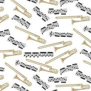 trombones and music notes on white