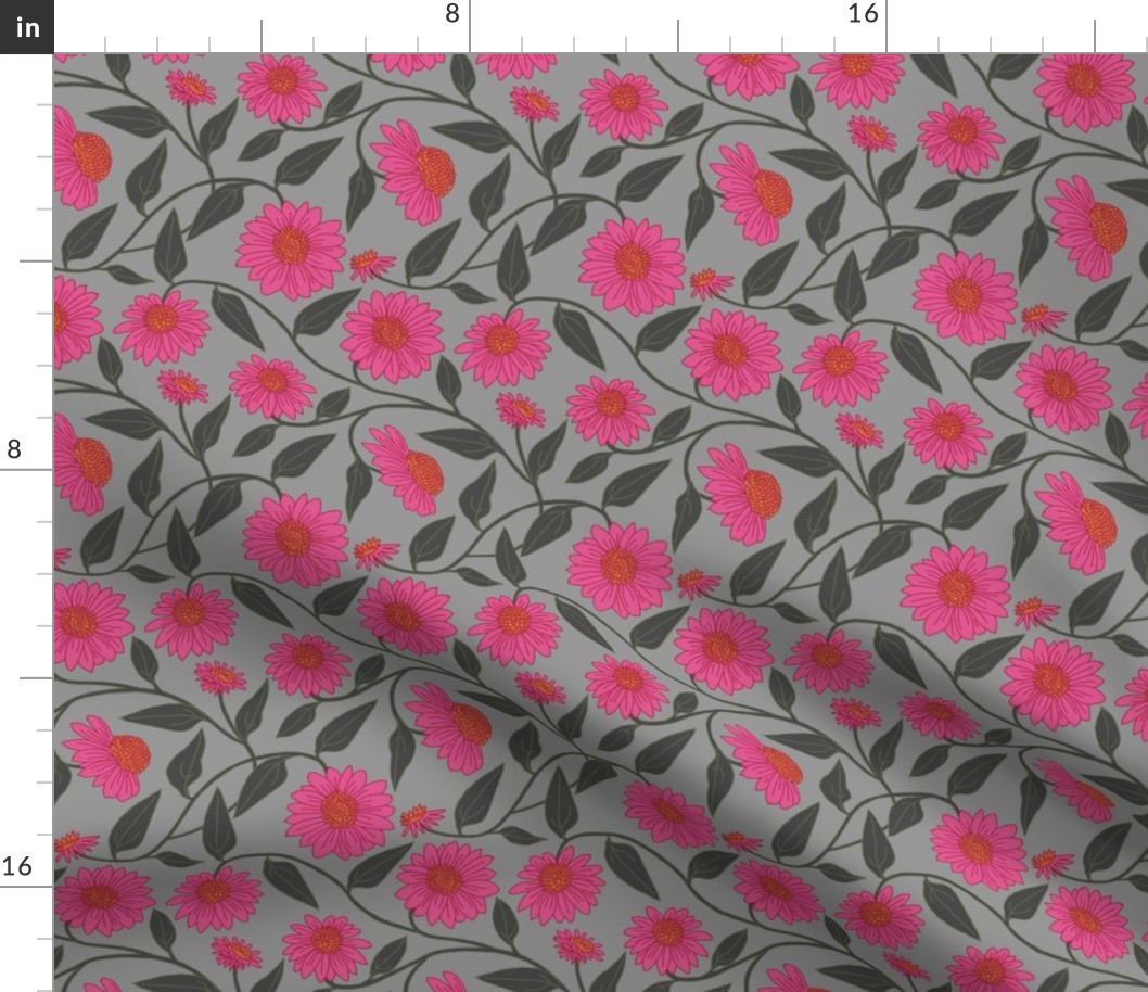 Block Print Coneflower Allover Pink on Grays