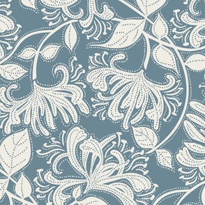 honeysuckle floral stipple - coconut milk white on storm blue 