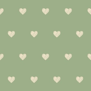 Scribbled hearts in cream on sage green
