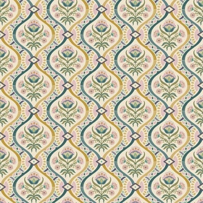 Chic vintage folk floral damask with mosaic geometrics on cream - green, gold, ochre, millennial pink - medium