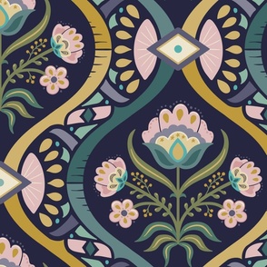 Chic vintage folk floral damask with mosaic geometrics on inky blue - green, gold, ochre, millennial pink - jumbo