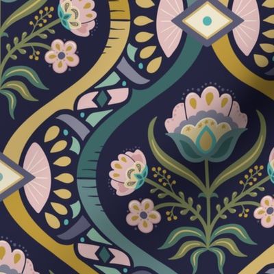 Chic vintage folk floral damask with mosaic geometrics on inky blue - green, gold, ochre, millennial pink - large
