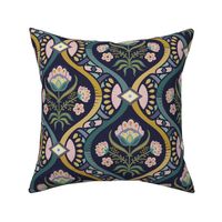 Chic vintage folk floral damask with mosaic geometrics on inky blue - green, gold, ochre, millennial pink - large