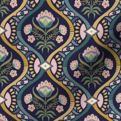 Chic vintage folk floral damask with mosaic geometrics on inky blue - green, gold, ochre, millennial pink - medium