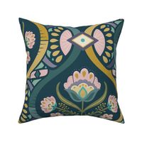 Chic vintage folk floral damask with mosaic geometrics on dark teal - green, gold, ochre, millennial pink - jumbo