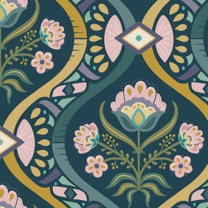Chic vintage folk floral damask with mosaic geometrics on dark teal - green, gold, ochre, millennial pink - jumbo