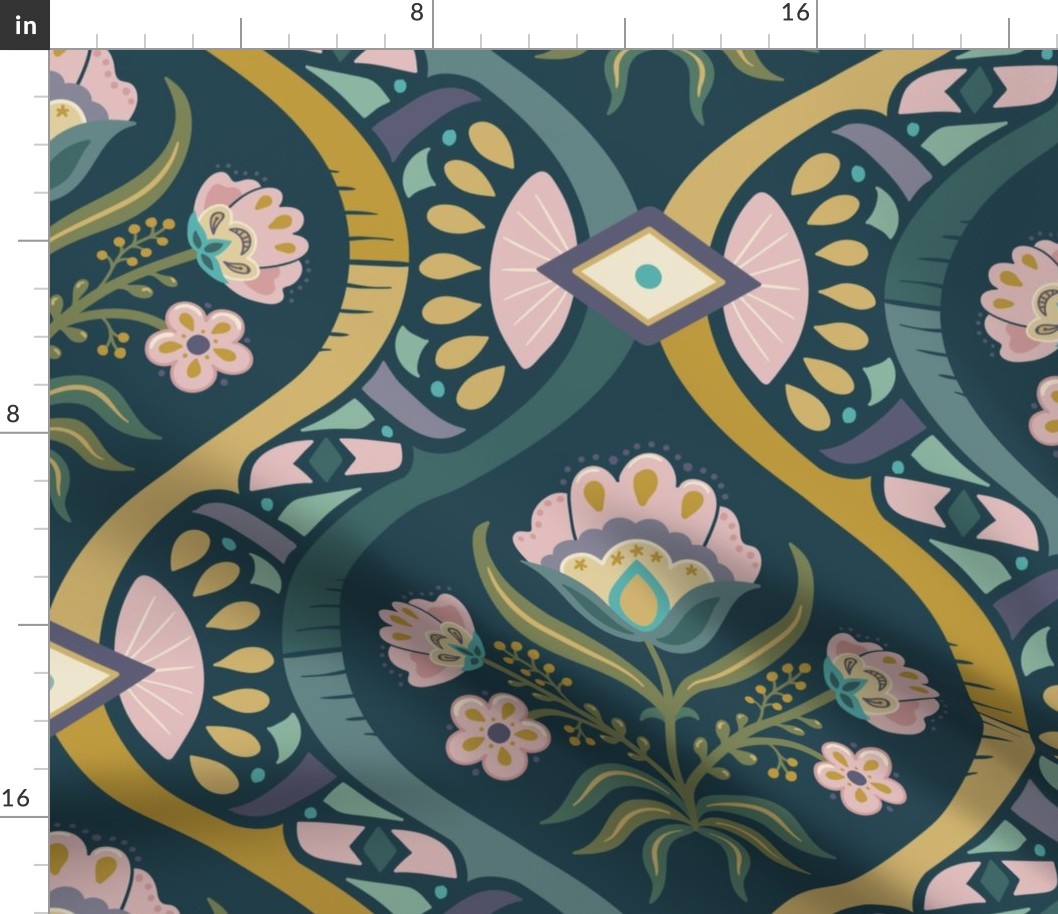 Chic vintage folk floral damask with mosaic geometrics on dark teal - green, gold, ochre, millennial pink - jumbo