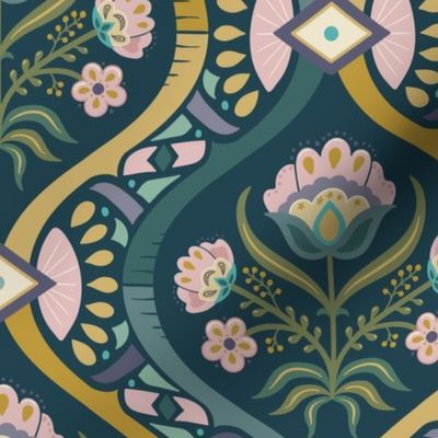 Chic vintage folk floral damask with mosaic geometrics on dark teal - green, gold, ochre, millennial pink - large